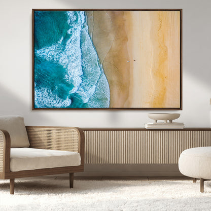 46640-MGV-CV-36X24-Aerial Beach Wall Art – Turquoise Waves and Golden Sand Canvas Print with Lone Surfer, Coastal Ocean Decor for Living Room,