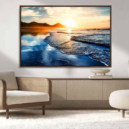 86173-MGV-CV-36X24-Golden Sunset Beach Wall Art – Reflective Ocean Canvas Print with Mountains and Waves, Coastal Nature Decor for Living Room,
