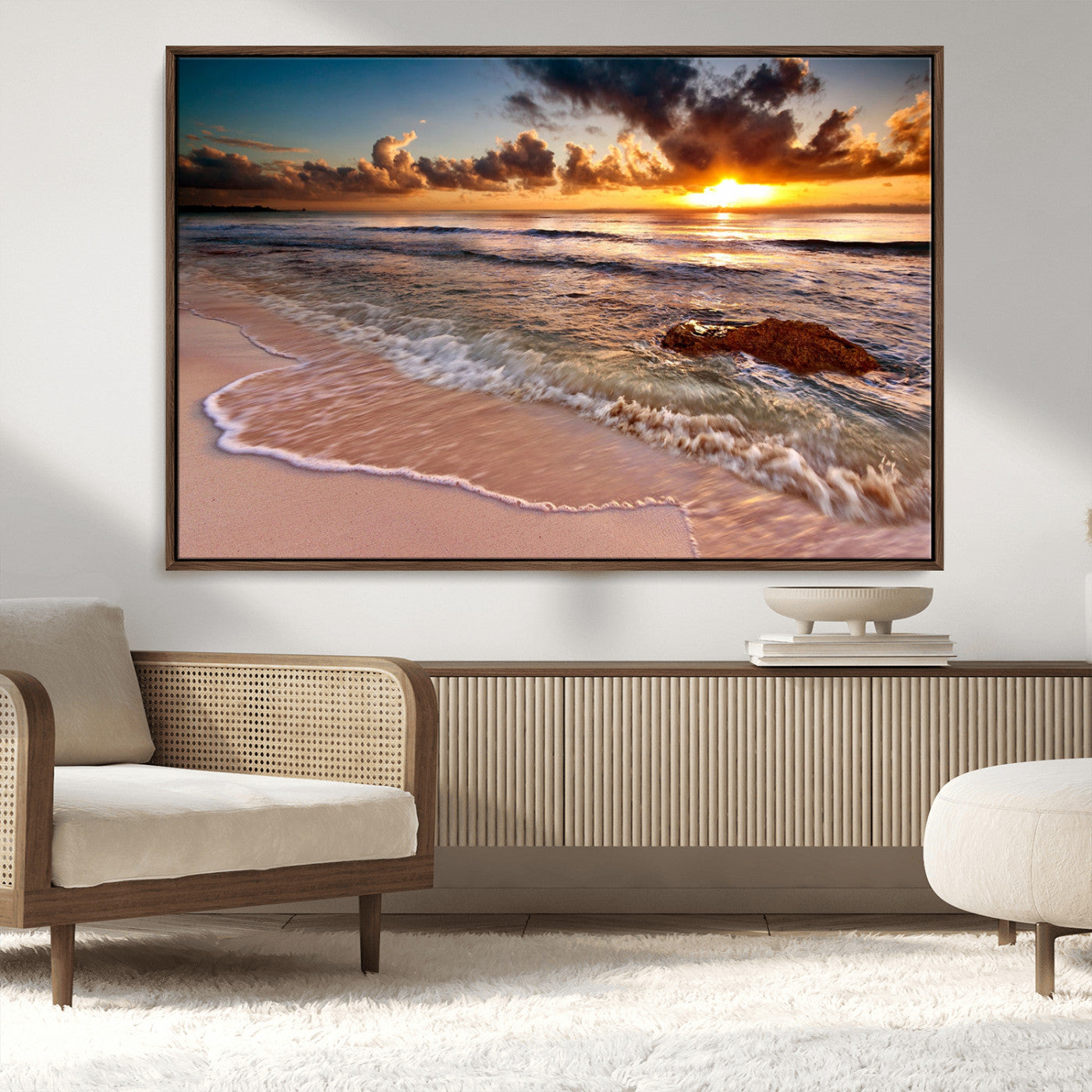38302-MGV-CV-36X24-Sunset Beach Wall Art – Stunning Ocean Waves and Rock Canvas Print, Warm Coastal Decor for Living Room, Bedroom, Office or Beach