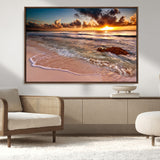 38302-MGV-CV-36X24-Sunset Beach Wall Art – Stunning Ocean Waves and Rock Canvas Print, Warm Coastal Decor for Living Room, Bedroom, Office or Beach