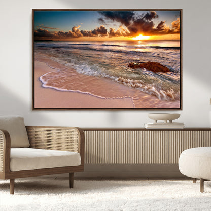 38302-MGV-CV-36X24-Sunset Beach Wall Art – Stunning Ocean Waves and Rock Canvas Print, Warm Coastal Decor for Living Room, Bedroom, Office or Beach