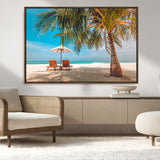 69754-MGV-CV-36X24-Tropical Beach Wall Art – Relaxing Palm Tree and Lounge Chairs Canvas Print, Serene Coastal Decor for Living Room, Bedroom, Office