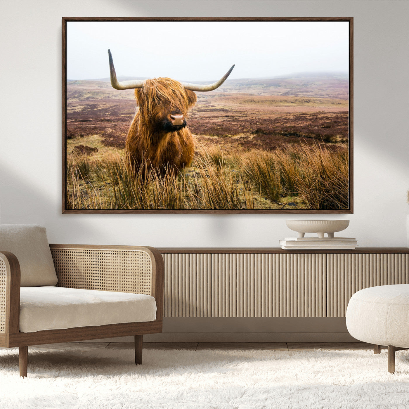 79391-MGV-CV-36X24-Majestic Highland Cow in Misty Scottish Moorland – Rustic Natural Charm, Perfect for Unique Home or Office Decor