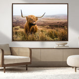 79391-MGV-CV-36X24-Majestic Highland Cow in Misty Scottish Moorland – Rustic Natural Charm, Perfect for Unique Home or Office Decor