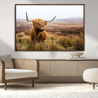 79391-MGV-CV-36X24-Majestic Highland Cow in Misty Scottish Moorland – Rustic Natural Charm, Perfect for Unique Home or Office Decor
