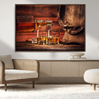 21266-MGV-FC-36X24_Walnut-Pouring Whiskey into Glasses with Ice – Rustic Wooden Barrel Background, Warm Ambient Lighting, Ideal Decor for Home or Office