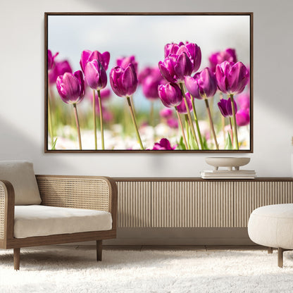 30632-MGV-CV-36X24-Purple Tulip Field Wall Art – Beautiful Spring Flowers Canvas Print with Soft Focus and Bright Sky, Ideal Floral Decor for Home or
