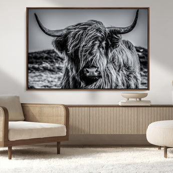 97372-MGV-CV-36X24-Elegant Highland Cow Wall Art – Black and White Canvas Print, Rustic Nature Decor for Home, Office, Living Room or Man Cave