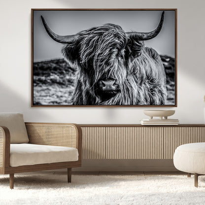 97372-MGV-CV-36X24-Elegant Highland Cow Wall Art – Black and White Canvas Print, Rustic Nature Decor for Home, Office, Living Room or Man Cave