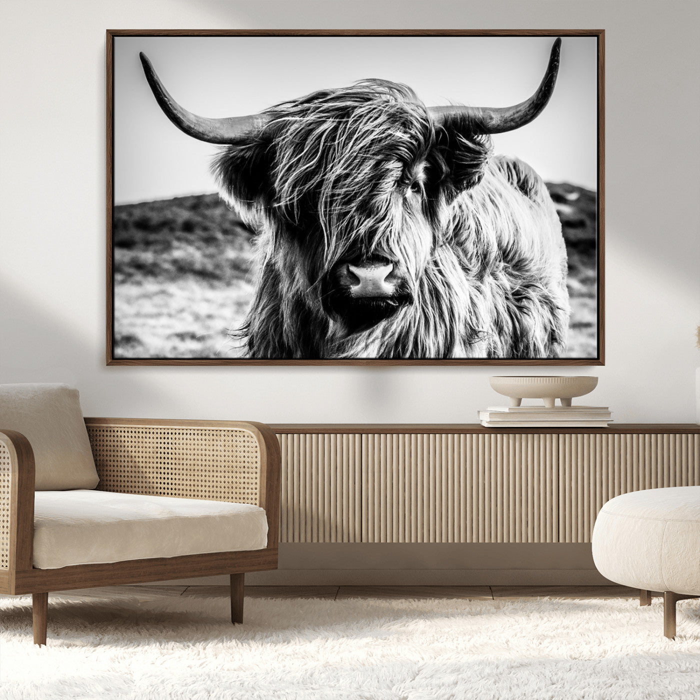 36979-MGV-CV-36X24-Striking black-and-white portrait of a Highland cow with flowing fur and majestic horns, perfect for rustic and elegant home or