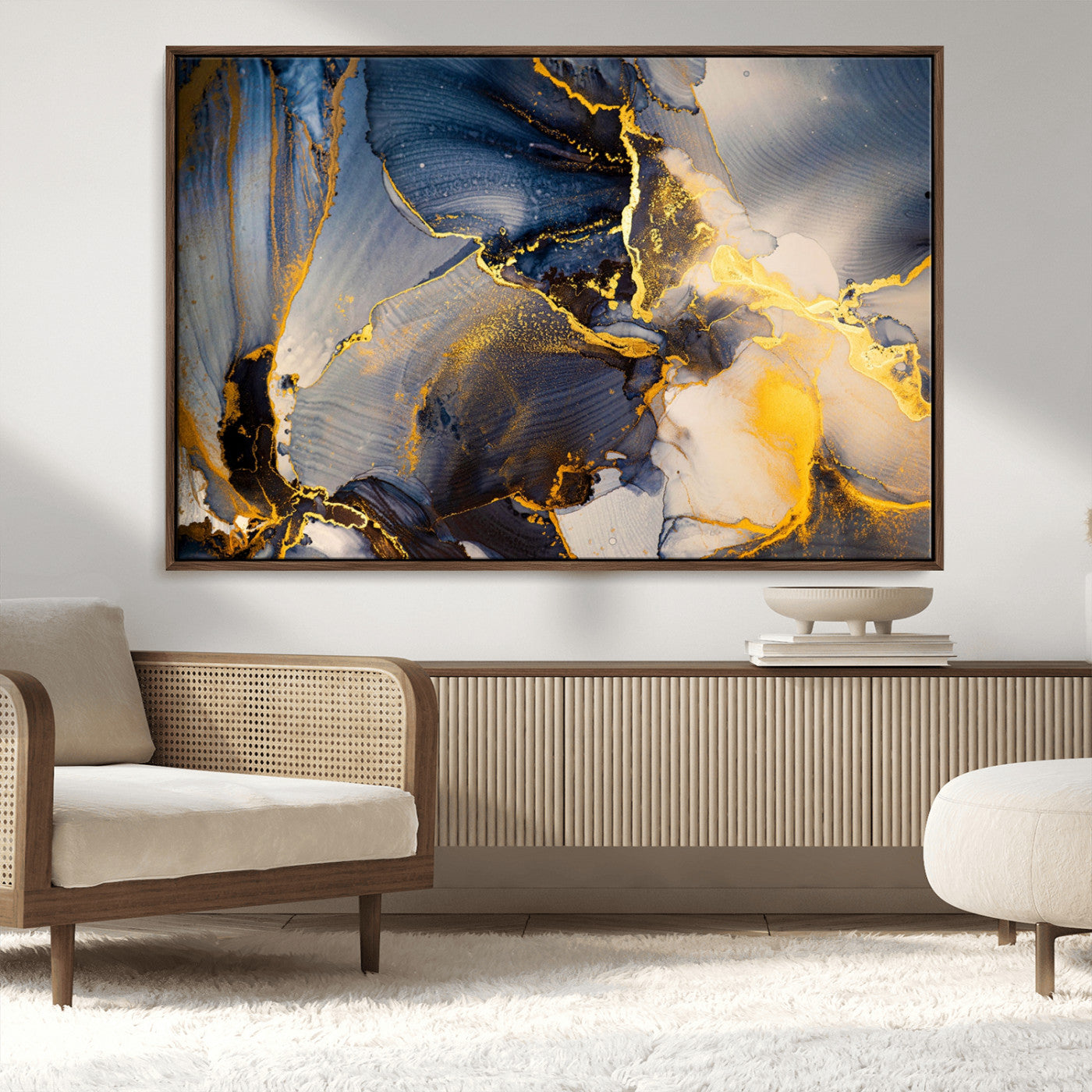 42100-MGV-CV-36X24-Golden Flow Abstract Wall Art – Panoramic Modern Blue and Gold Canvas Print, Contemporary Artistic Decor for Home, Office
