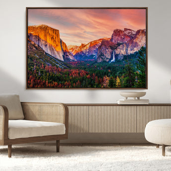 24519-MGV-CV-36X24-Yosemite Valley Sunset Wall Art – Majestic Mountain Landscape with Waterfall and Vibrant Sky, Nature Photography for Home or