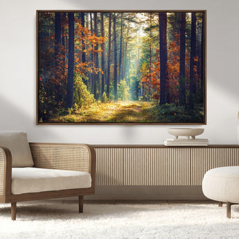 86249-MGV-CV-36X24-Sunlit Autumn Forest Path Wall Art – Peaceful Nature Scene with Fall Foliage, Calming Woods Decor for Home or Office