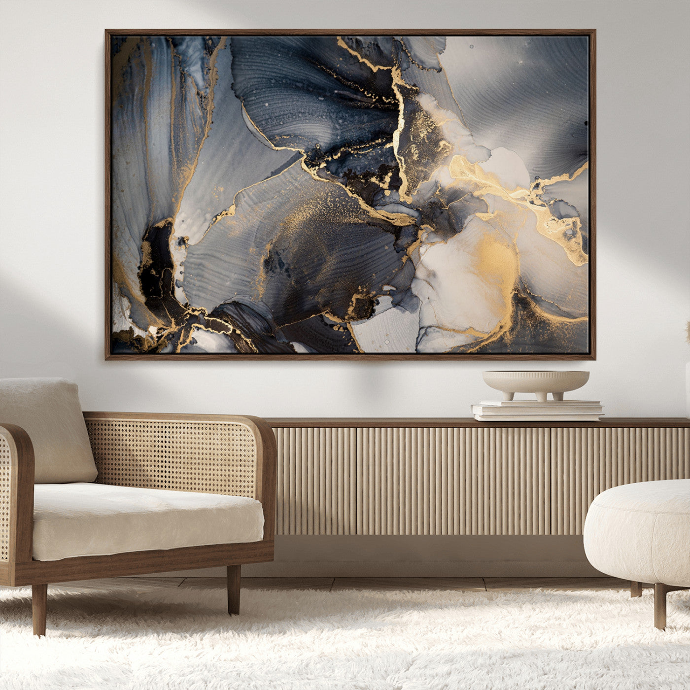 24068-MGV-CV-36X24-Luxury Abstract Wall Art – Gold & Gray Fluid Ink Painting Canvas, Modern Metallic Home Decor, Elegant Office or Living Room Accent