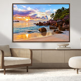 43209-MGV-CV-36X24-Tropical Beach Sunset Wall Art – Golden Ocean Waves and Palm Trees with Rocky Shore Canvas Print, Coastal Seascape Decor for