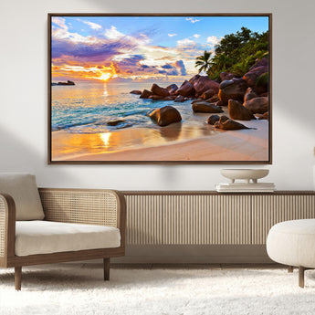 43209-MGV-CV-36X24-Tropical Beach Sunset Wall Art – Golden Ocean Waves and Palm Trees with Rocky Shore Canvas Print, Coastal Seascape Decor for