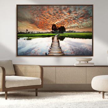 29105-MGV-CV-36X24-Rustic Wooden Bridge Wall Art – Scenic Sunset Over Rice Fields and Reflective Water Canvas Print, Nature Landscape Decor for