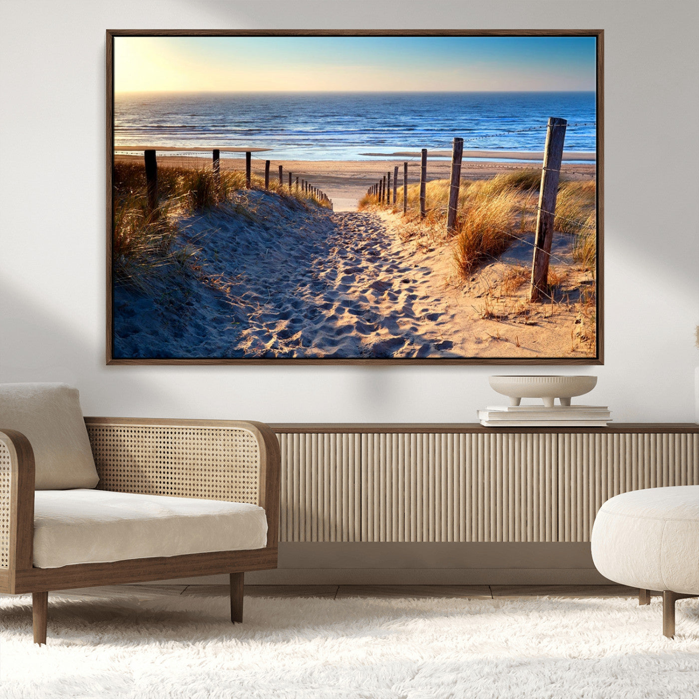 31889-MGV-CV-36X24-Sandy Beach Pathway Wall Art – Coastal Dune Fence and Ocean View Canvas Print, Relaxing Seaside Landscape Decor for Living Room or