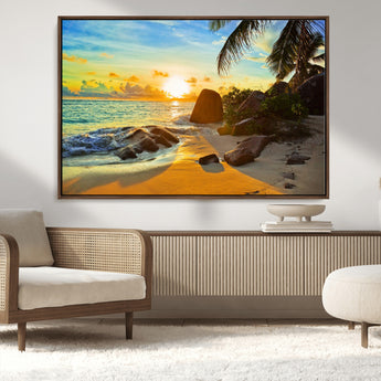 26181-MGV-CV-36X24-Golden Tropical Sunset Beach Wall Art – Ocean Canvas Print with Palm Trees and Rocks, Coastal Paradise Decor for Living Room or