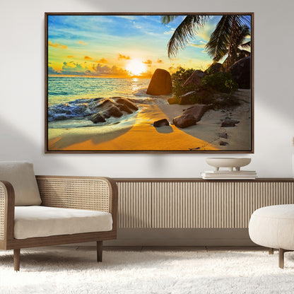26181-MGV-CV-36X24-Golden Tropical Sunset Beach Wall Art – Ocean Canvas Print with Palm Trees and Rocks, Coastal Paradise Decor for Living Room or