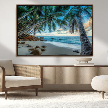 39679-MGV-CV-36X24-Tropical Palm Beach Wall Art – Serene Ocean Canvas Print with Palm Trees and Rocks, Coastal Paradise Decor for Living Room or