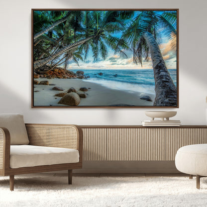 39679-MGV-CV-36X24-Tropical Palm Beach Wall Art – Serene Ocean Canvas Print with Palm Trees and Rocks, Coastal Paradise Decor for Living Room or