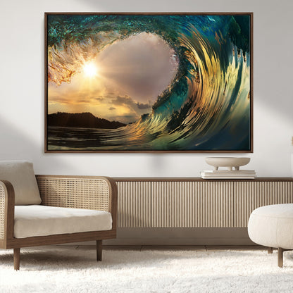 38256-MGV-CV-36X24-Ocean Wave Wall Art – Stunning Sunrise Through Curling Wave Canvas Print, Coastal Surf Photography Seascape Decor for Living Room,