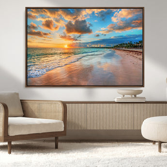 41572-MGV-CV-36X24-Sunset Beach Wall Art – Ocean Waves and Palm Trees Canvas Print, Tropical Coastal Sunset Seascape Decor for Living Room, Bedroom
