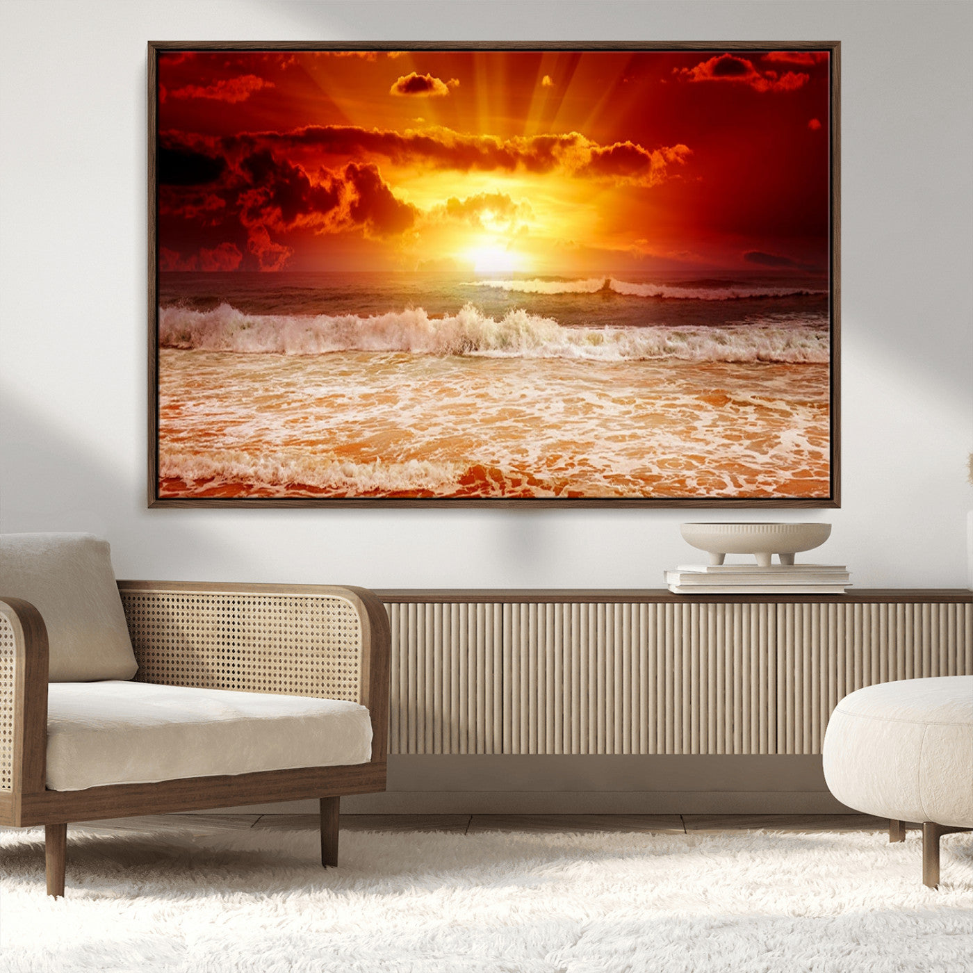 60211-MGV-CV-36X24-Fiery Sunset Ocean Waves Canvas Print – Vibrant Red & Orange Coastal Wall Art, Dramatic Seascape Decor