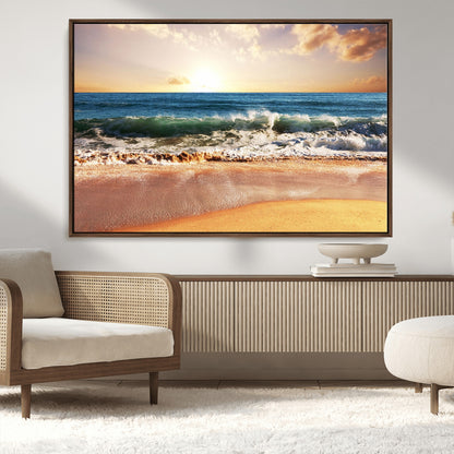 79005-MGV-CV-36X24-Golden Sunrise Ocean Waves Wall Art – Panoramic Seashore Canvas Print, Calming Coastal Decor for Home, Office or Relaxation Space