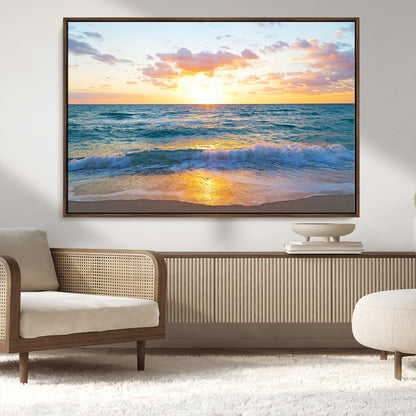 78006-MGV-CV-36X24-Golden Sunrise Ocean Wall Art – Panoramic Beach Waves Canvas Print, Coastal Seascape Artwork for Living Room, Bedroom, Office, or