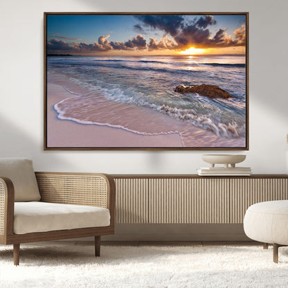 94906-MGV-CV-36X24-Sunrise Beach Wall Art – Panoramic Ocean Waves Canvas Print, Coastal Sunset Seascape Artwork for Living Room, Bedroom, or Office