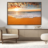15399-MGV-CV-36X24-Golden Sunrise Beach Wall Art – Ocean Waves on Sandy Shore Canvas Print, Coastal Seascape Decor for Living Room or Bedroom