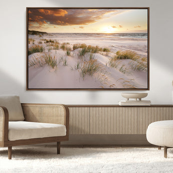 61246-MGV-CV-36X24-Coastal Sand Dunes Wall Art – Serene Beach Sunset Canvas Print with Grasses and Ocean View, Tranquil Seaside Decor for Living Room