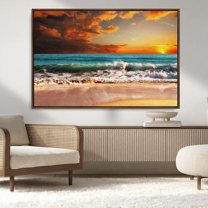 72948-MGV-CV-36X24-Ocean Sunset Wave Wall Art – Dramatic Seascape Canvas Print with Golden Sky and Crashing Waves, Coastal Beach Decor for Living