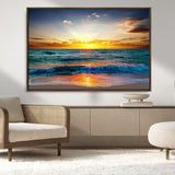 50627-MGV-CV-36X24-Ocean Sunset Wall Art – Serene Beach Canvas Print with Waves and Golden Sky, Coastal Decor for Living Room or Office