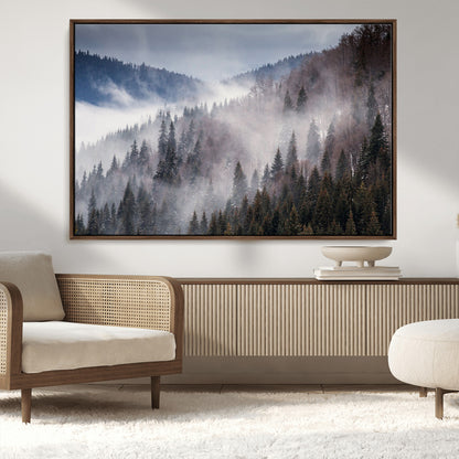 18459-MGV-CV-36X24-Misty Pine Forest Wall Art – Serene Mountain Landscape Canvas Print, Tranquil Nature Artwork for Living Room, Bedroom, Cabin or