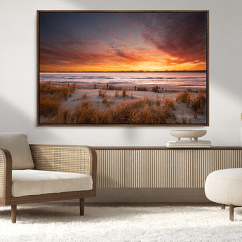 90176-MGV-CV-36X24-Beach Sunset Wall Art – Coastal Sand Dune Canvas Print with Ocean Waves and Dramatic Sky, Seaside Landscape Decor for Living Room
