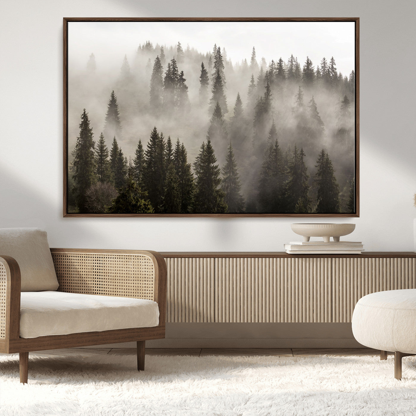 62862-MGV-CV-36X24-Misty Forest Wall Art – Tranquil Pine Tree Canvas Print with Mountain Fog, Nature Landscape Artwork for Living Room, Bedroom, or