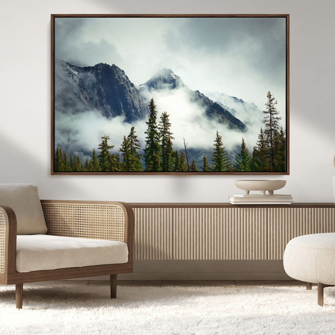 93219-MGV-CV-36X24-Misty Mountain Wall Art – Foggy Pines and Rocky Peaks Canvas Print, Nature Landscape Decor for Living Room, Office or Bedroom