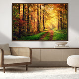 73494-MGV-CV-36X24-Golden Autumn Forest Path Wall Art – Sunlit Woodland Canvas Print, Fall Nature Landscape Home Decoration
