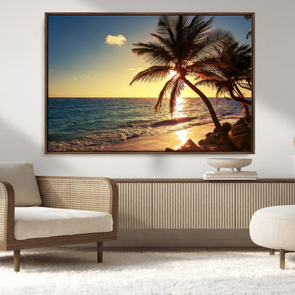 82710-MGV-CV-36X24-Palm Tree Sunset Beach Wall Art – Tropical Ocean Canvas Print, Coastal Paradise Seascape Decor for Living Room or Office Wall