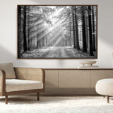 39665-MGV-CV-36X24-Black and White Forest Path Wall Art – Sunlight Rays in Trees Canvas Print, Nature Landscape Decor for Living Room