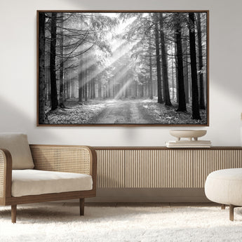 39665-MGV-CV-36X24-Black and White Forest Path Wall Art – Sunlight Rays in Trees Canvas Print, Nature Landscape Decor for Living Room