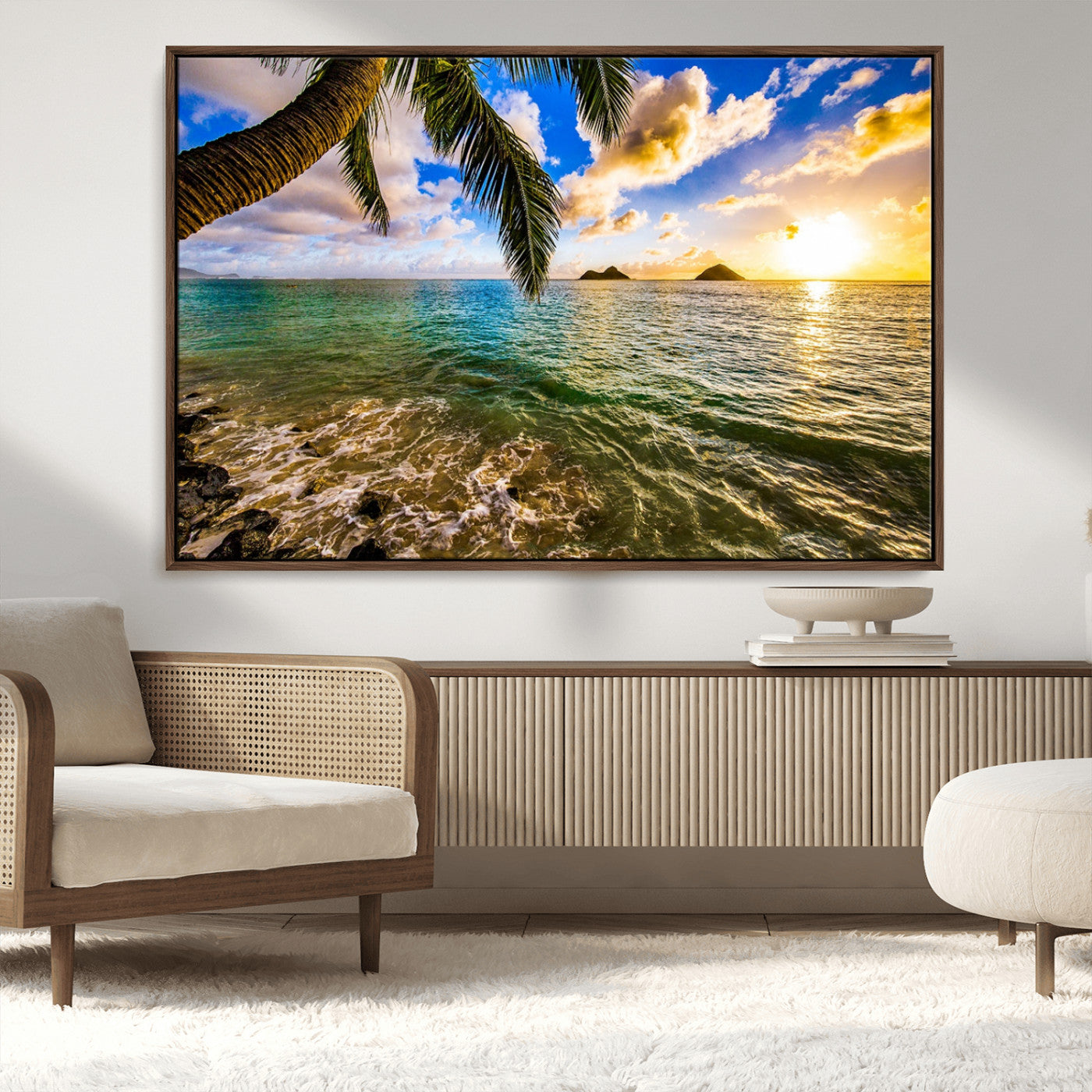 68606-MGV-FC-36X24_Walnut-Tropical Palm Tree Ocean Wall Art – Sunset Beach Seascape Print, Coastal Paradise Decor for Living Room or Office