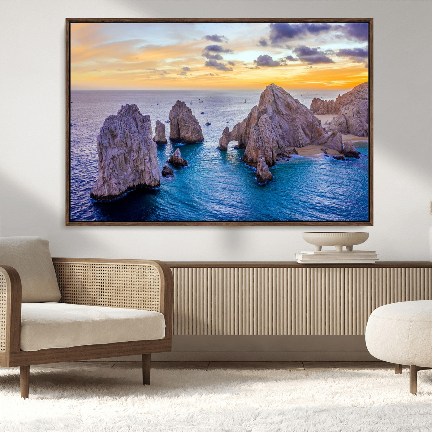 72955-MGV-CV-36X24-Ocean Rock Formation Wall Art – Sunset Coastal Seascape Print, Beach Landscape Decor for Living Room or Office