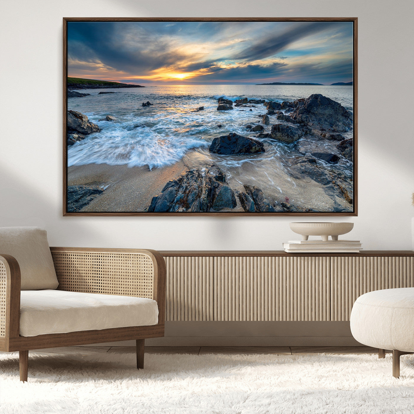 17902-MGV-CV-36X24-Rocky Shore Ocean Sunset Wall Art – Coastal Seascape Canvas Print, Nature Beach Decor for Living Room or Office