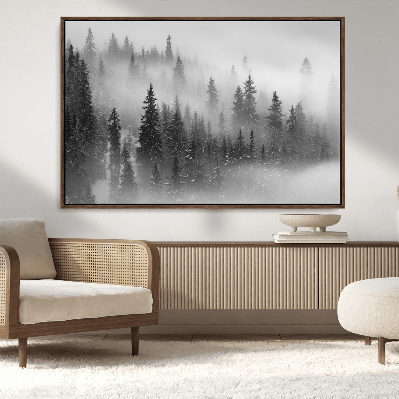 57235-MGV-CV-36X24-Misty Pine Forest Wall Art – Black and White Mountain Landscape Canvas Print, Nature Woodland Decor for Living Room, Bedroom or