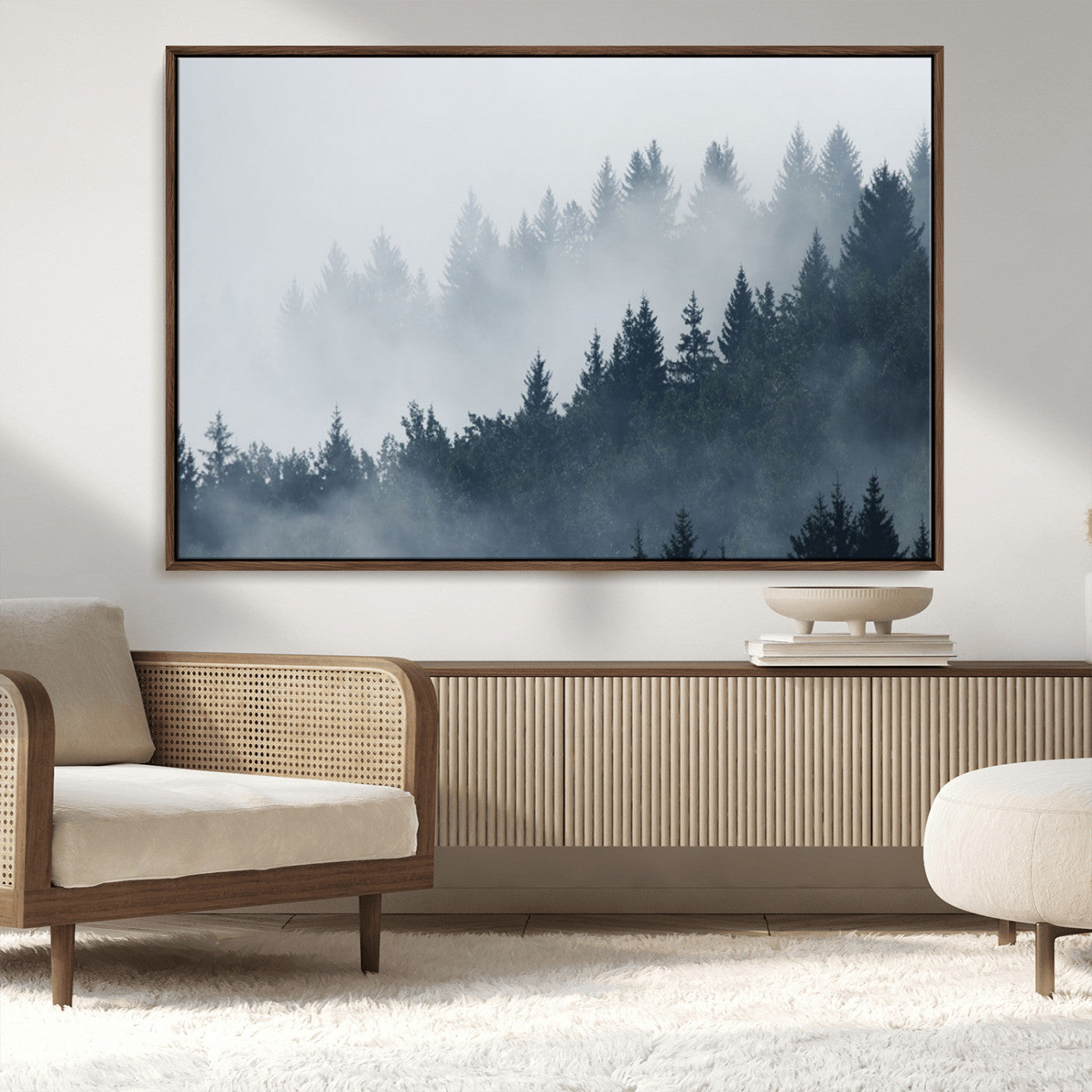 23671-MGV-CV-36X24-Misty Forest Wall Art – Serene Foggy Pine Trees Landscape Canvas Print, Tranquil Nature Decor for Living Room, Bedroom or Office