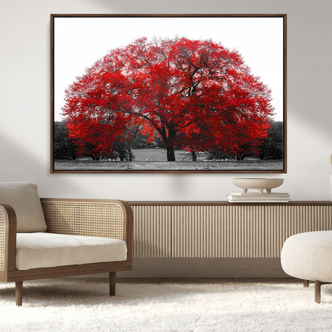 80021-MGV-CV-36X24-Red Tree Wall Art – Striking Black and White Landscape Canvas Print with Vibrant Red Leaves, Modern Nature Decor for Living Room